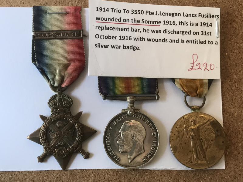 Mons Star Trio Lancs Fusiliers wounded on Somme